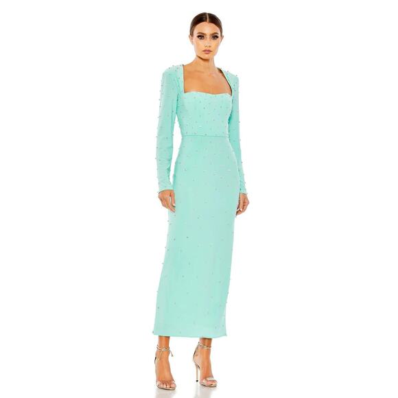 Mac Duggal 55792 Mint Allover Rhinestone Long Sleeve Dress Size 2 - Picture 1 of 7